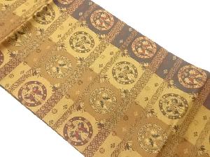 格子に連珠文・草花・七宝模様織出し名古屋帯